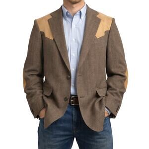 Vintage 90s Men's 44R Tweed Wool Blazer Mesquite Brown Suede Yoke Elbow Patches